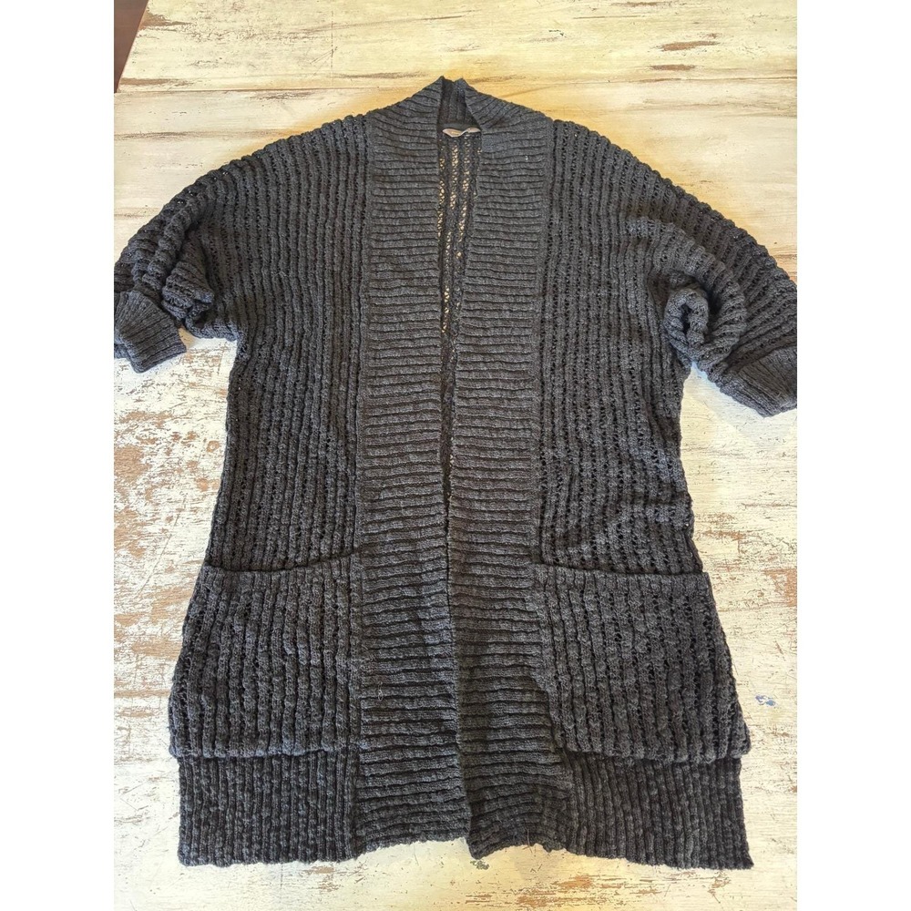 Y2K DENVER HAYES cardigan womens Lg black open front short sleeve pointelle knit